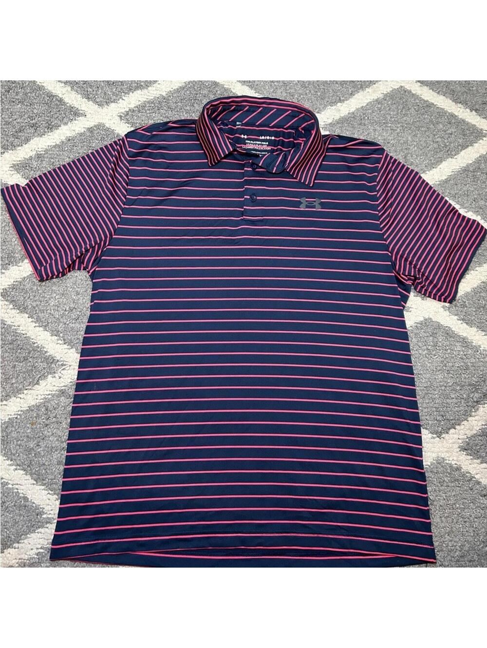 MENS UNDER ARMOUR SHORT SLEEVE NAVY BLUE/PINK STRIPED PLAYOFF POLO SHIRT SIZE L